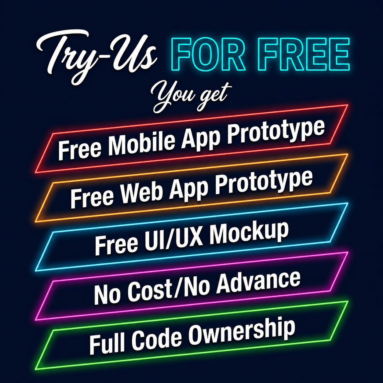 Free Trial Offer - Free Mobile App Prototype, Free Web App Prototype, Free UI/UX Mockup, No Cost, Full Code Ownership